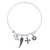 STERLING SILVER EXPANDABLE BANGLE WITH CROWN, WING, HEART/ARROW, AND CROSS CHARMS