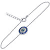 RHODIUM PLATED CLEAR AND BLUE CZ ROUND BRACELET WITH DARK BLUE EYE 6"+1"