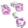 RHODIUM PLATED OCTOBER BIRTHSTONE TOURMALINE PINK ROUND CZ SET PENDANT AND EARRINGS