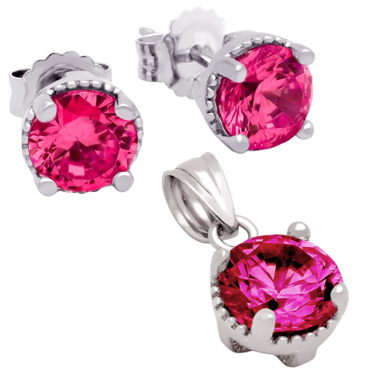 RHODIUM PLATED JULY BIRTHSTONE RUBY RED ROUND CZ SET PENDANT AND