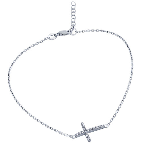 RHODIUM PLATED CZ CROSS ANKLET 9" + 1"