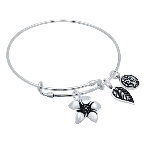 STERLING SILVER EXPANDABLE BANGLE WITH TREE, LEAF, AND FLOWER CHARMS