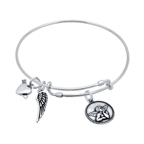 STERLING SILVER EXPANDABLE BANGLE WITH WING, HEART/ARROW, AND CHERUB CHARMS