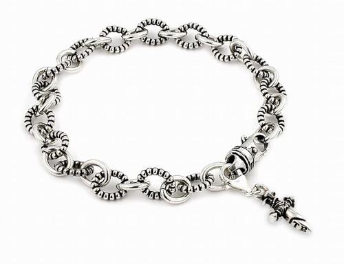 TWISTED BLADE SILVER BEADED BRACELET WITH DANGLING DAGGER CHARM
