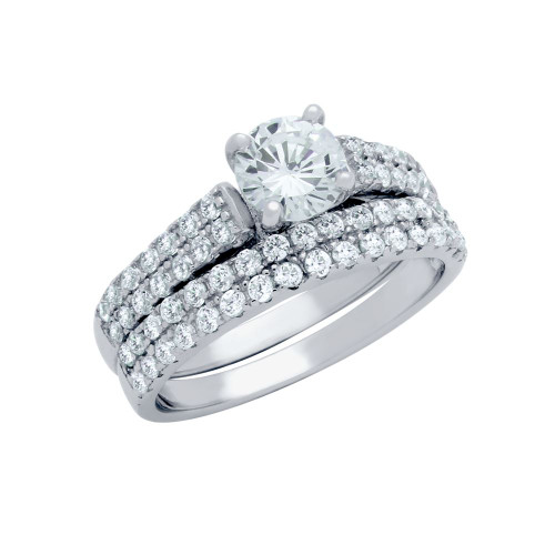 RHODIUM PLATED DOUBLE ROW CZ WEDDING SET