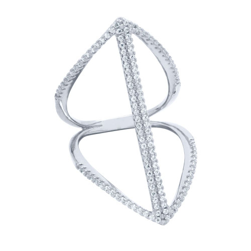 RHODIUM PLATED SPLIT-SHANK DOUBLE BAR MICRO PAVE CZ RING