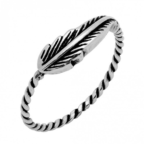 STERLING SILVER FEATHER RING WITH ROPE SHANK