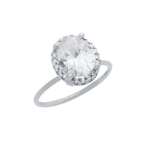 RHODIUM PLATED CLEAR OVAL CZ RING WITH SURROUNDING CLEAR CZ STONES