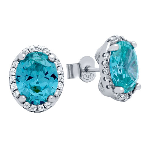 RHODIUM PLATED 8X10 LIGHT BLUE OVAL CZ EARRINGS WITH ALL AROUND CLEAR CZ STONES