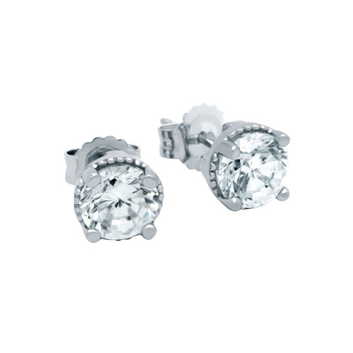 RHODIUM PLATED APRIL BIRTHSTONE CLEAR ROUND CZ STUD EARRINGS