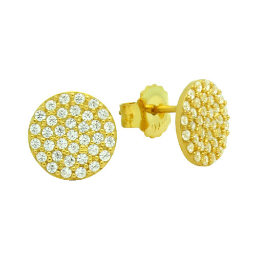 GOLD PLATED STERLING SILVER DISK EARRINGS WITH CZ PAVE