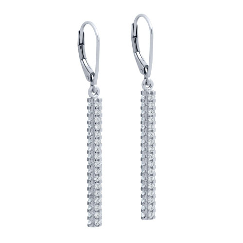 RHODIUM PLATED LEVERBACK EARRINGS WITH 32MM QUAD-ROW CZ BAR