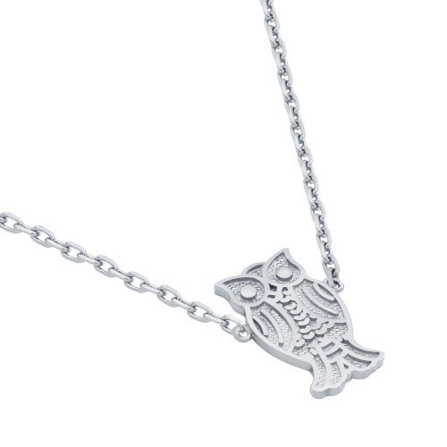 RHODIUM PLATED OWL NECKLACE 16" + 2"