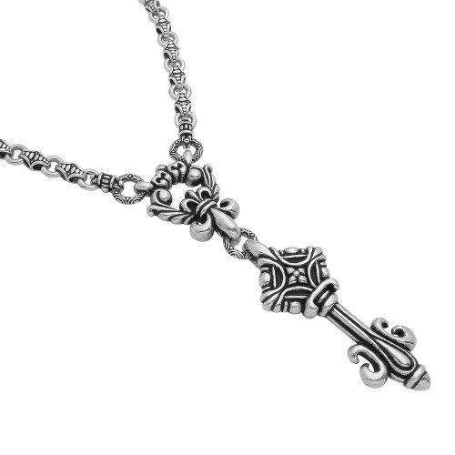 TWISTED BLADE SILVER 24" FLEUR DE LIS AND STYLIZED KEY NECKLACE