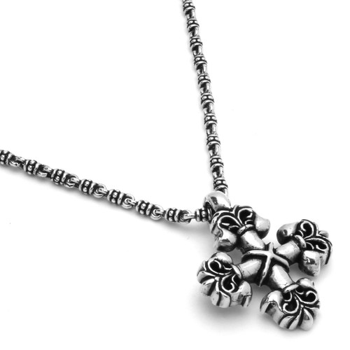 TWISTED BLADE SILVER 3.5MM STUDDED LINK NECKLACE WITH FLEUR DE LIS SQUARE CROSS PENDANT