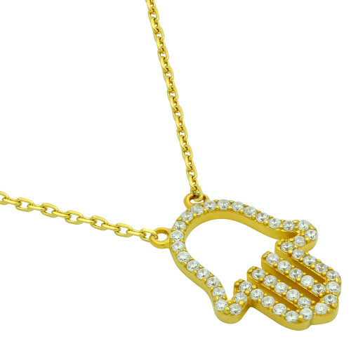 GOLD PLATED CZ PAVE HAMSA OUTLINE NECKLACE 16" + 2"