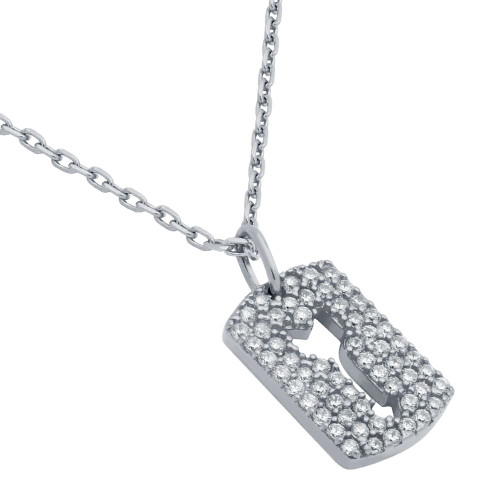 RHODIUM PLATED CZ PAVE TAG NECKLACE WITH CUTOUT ARROW 16" + 2"