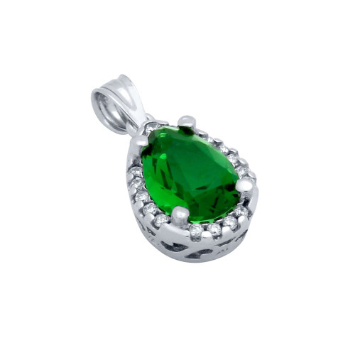 GREEN EMERALD CRYSTAL RHODIUM PLATED TEARDROP PENDANT WITH ALL AROUND SMALL CZ STONES