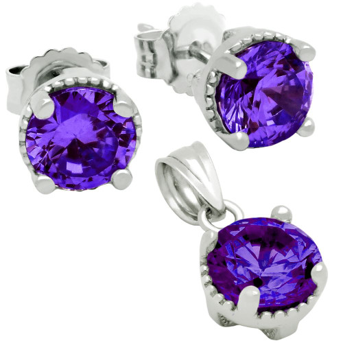 RHODIUM PLATED FEBRUARY BIRTHSTONE AMETHYST PURPLE ROUND CZ SET PENDANT AND EARRINGS