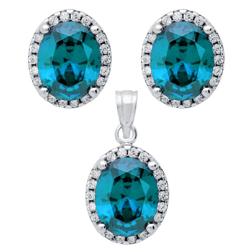 RHODIUM PLATED SET: LIGHT BLUE 8X10MM OVAL CZ EARRINGS AND PENDANT WITH CZ HALO