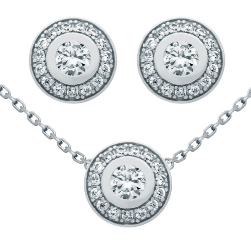 RHODIUM PLATED SET: ELEGANT ROUND CZ EARRINGS AND 18" NECKLACE