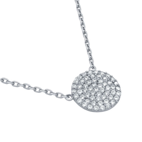 RHODIUM PLATED 12MM CZ PAVE DISK NECKLACE 16" + 2"
