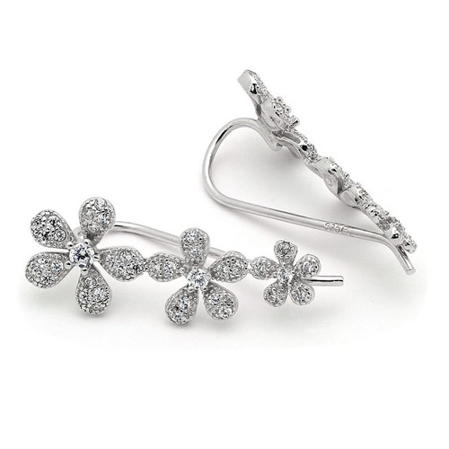 RHODIUM PLATED CZ CRAWLER EARRINGS WITH 9MM FLOWERS