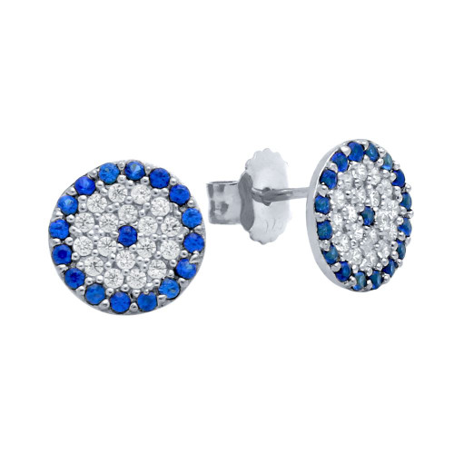 RHODIUM PLATED BLUE EYE CZ PAVE POST EARRINGS