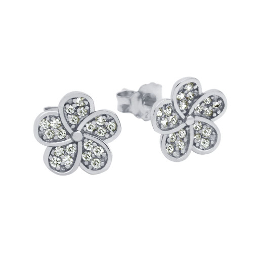 RHODIUM PLATED CZ FLOWER EARRINGS
