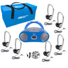 6-Station Listening Center with AudioAce Boombox, 6 Personal-Sized Headphones with Leatherette Ear Cushions, Jackbox and Carry Case