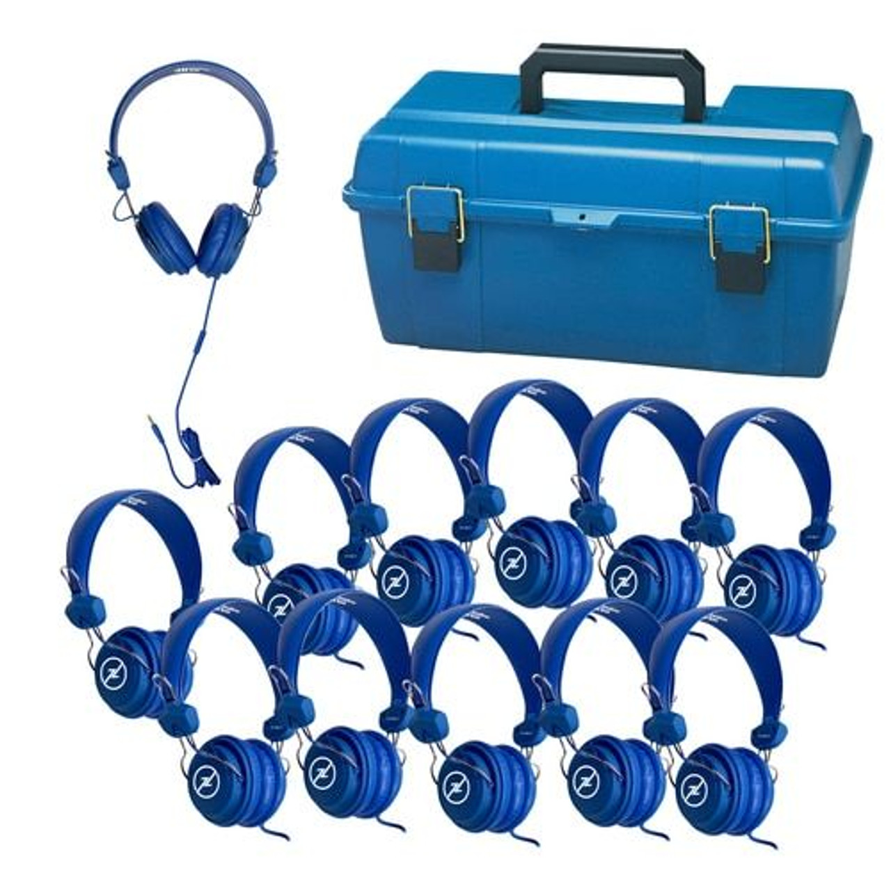 HamiltonBuhl Lab Pack - 12 Blue Favoritz Headsets with In-Line Microphone  and TRRS Plug in a Small Carry Case