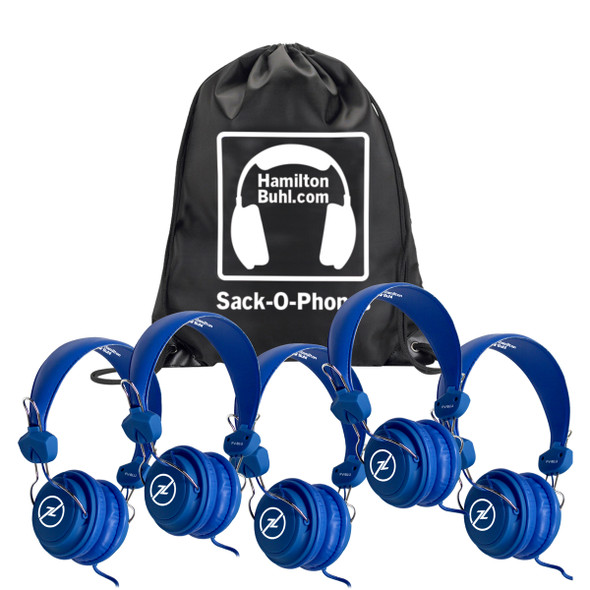 HamiltonBuhl Sack-O-Phones, 5 Blue Favoritz Headsets with In-Line Microphone and TRRS Plug