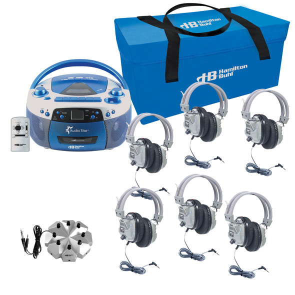 AudioStar 6-Station Listening Center with USB, CD, Cassette, Radio, CD/Tape-to-MP3 Converter Media Center and 6 Deluxe Headsets
