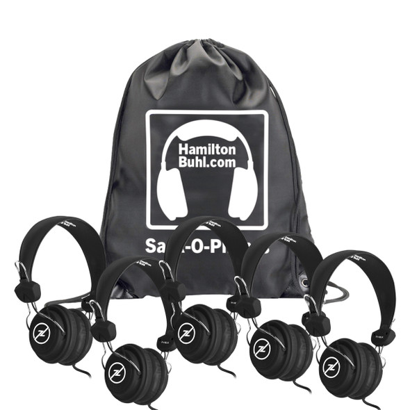 HamiltonBuhl Sack-O-Phones, 5 Black Favoritz Headsets with In-Line Microphone and TRRS Plug