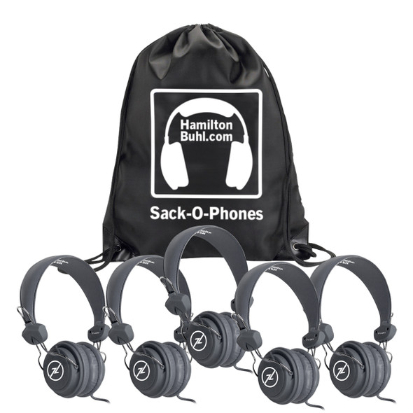 HamiltonBuhl Sack-O-Phones, 5 Gray Favoritz Headsets with In-Line Microphone and TRRS Plug