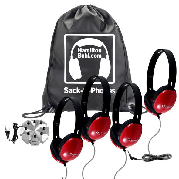 HamiltonBuhl Sack-O-Phones, 4 Red Primo™ Headphones and 3.5mm Jackbox