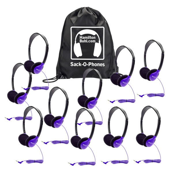 HamiltonBuhl Sack-O-Phones, 10 Personal Headphones in Purple in a Carry Bag