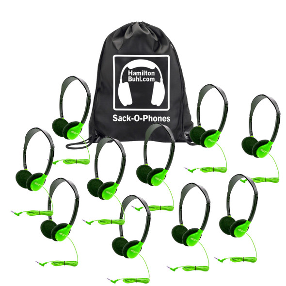 HamiltonBuhl Sack-O-Phones, 10 Personal Headphones in Green in a Carry Bag HamiltonBuhl Sack-O-Phones, 10 Personal Headphones in Green in a Carry Bag
