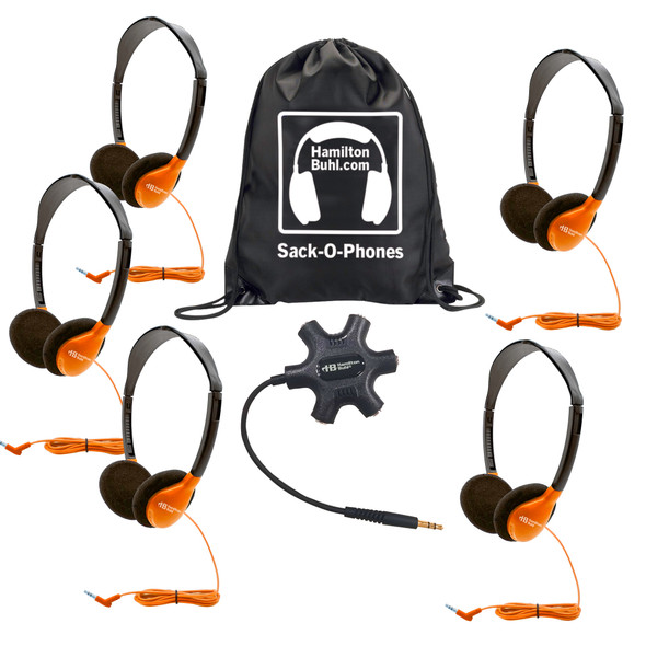 Galaxy Econo-Line of Sack-O-Phones with 5 Orange Personal-Sized Headphones, Starfish Jackbox and Carry Bag Galaxy Econo-Line of Sack-O-Phones with 5 Orange Personal-Sized Headphones, Starfish Jackbox and Carry Bag