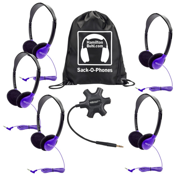 Galaxy Econo-Line of Sack-O-Phones with 5 Purple Personal-Sized Headphones, Starfish Jackbox and Carry Bag