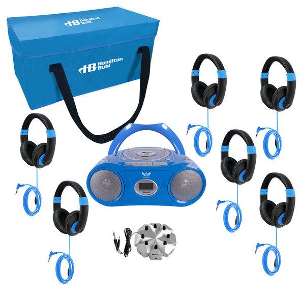 6-Station Listening Center with AudioAce Boombox, Jackbox and Smart-Trek Deluxe Headphones with Blue Accents