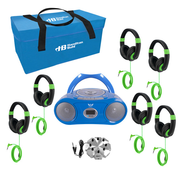 6-Station Listening Center with AudioAce Boombox, Jackbox and 6 Smart-Trek Deluxe Headphones with Green Accents 6-Station Listening Center with AudioAce Boombox, Jackbox and 6 Smart-Trek Deluxe Headphones with Green Accents