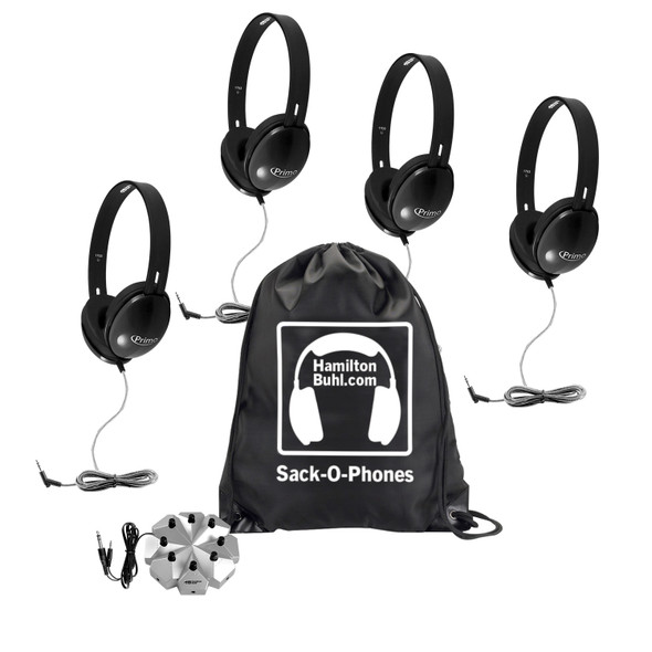 HamiltonBuhl Sack-O-Phones, 4 Black Primo™ Headphones and 3.5mm Jackbox