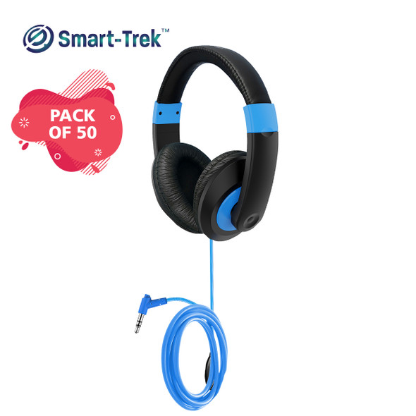 Smart-Trek Deluxe Stereo Headphone with Blue Accents, In-Line Volume Control and 3.5mm TRS Plug - 50 Pack