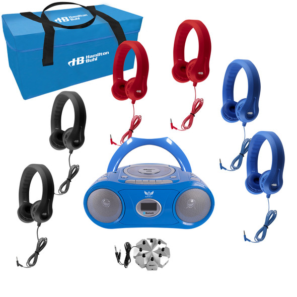 HamiltonBuhl 6-Person Listening Center with AudioAce™ Bluetooth® Media Player, 2 Blue, 2 Black and 2 Red Flex-Phones™ Headphones, Jackbox and Carry Case