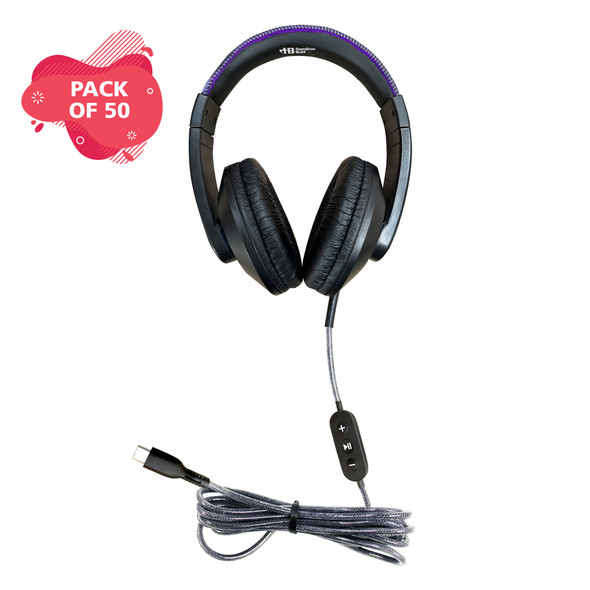 50 Pack of Smart-Trek™ Deluxe USB-C Plug Stereo Headphone with Metallic Purple Accents and In-Line Volume Control