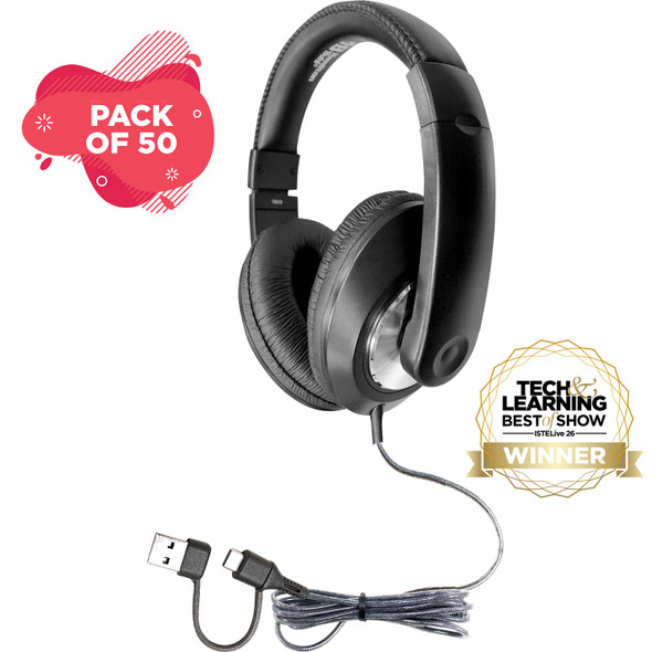 Smart-Trek™ Deluxe Stereo Headphone with USB-C Plug, USB-A Dongle and Black, Silver Accents - 50 pack