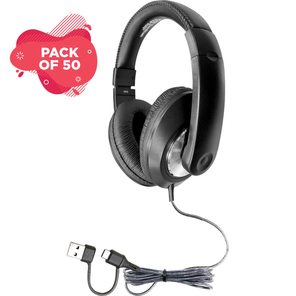 Smart-Trek™ Deluxe Stereo Headphone with USB-C Plug, USB-A Dongle and Black, Silver Accents - 50 pack