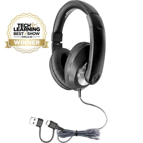 Smart-Trek™ Deluxe Stereo Headphone with USB-C Plug, USB-A Dongle and Black, Silver Accents