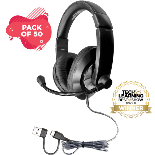 Smart-Trek™ Deluxe Stereo USB-C Headset with Integrated USB-A Adapter Dongle, Black with Silver Accents - 50 Pack